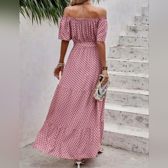 New Chic Polka Dot Off Shoulder Maxi Dress Muted Pink Black - Picture 3 of 7